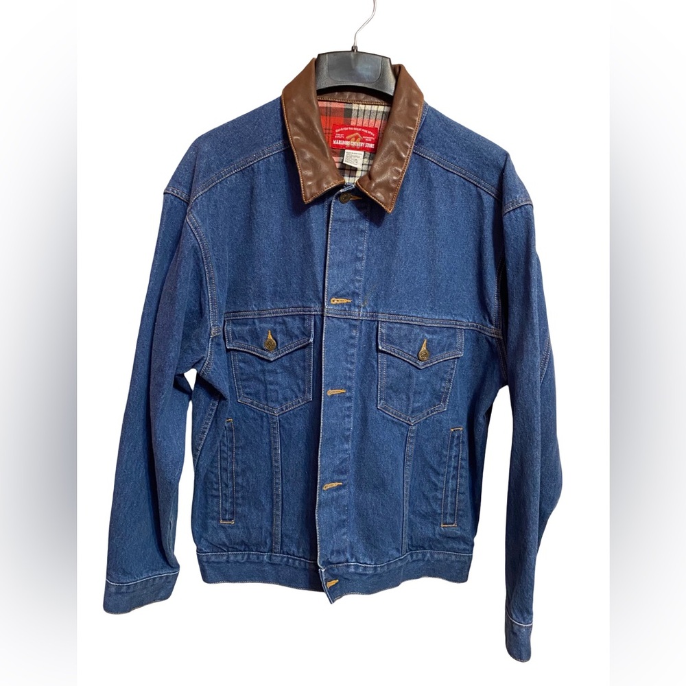VINTAGE Marlboro Country Store Denim Jacket Mens Medium Leather Collar Flannel